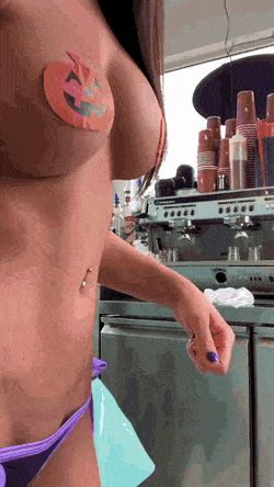 Spooky Season Slut Gets Her Pumpkin Tits Painted picture 1 of 1
