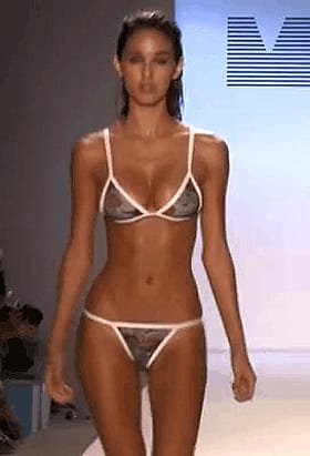 Sexy Babe in White Bikini Walking Down the Runway'