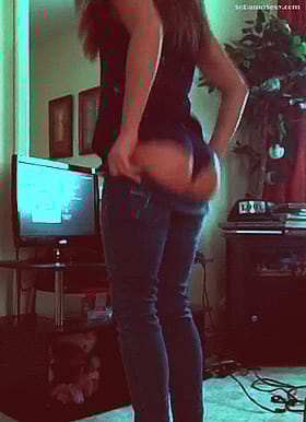 Tight jeans struggle to contain that plump peach'