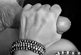 Jen teasingly slurping up his tasty pre-jizz'