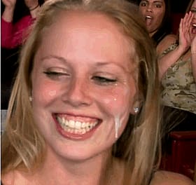 Blonde bombshell gets glazed by the squad!'
